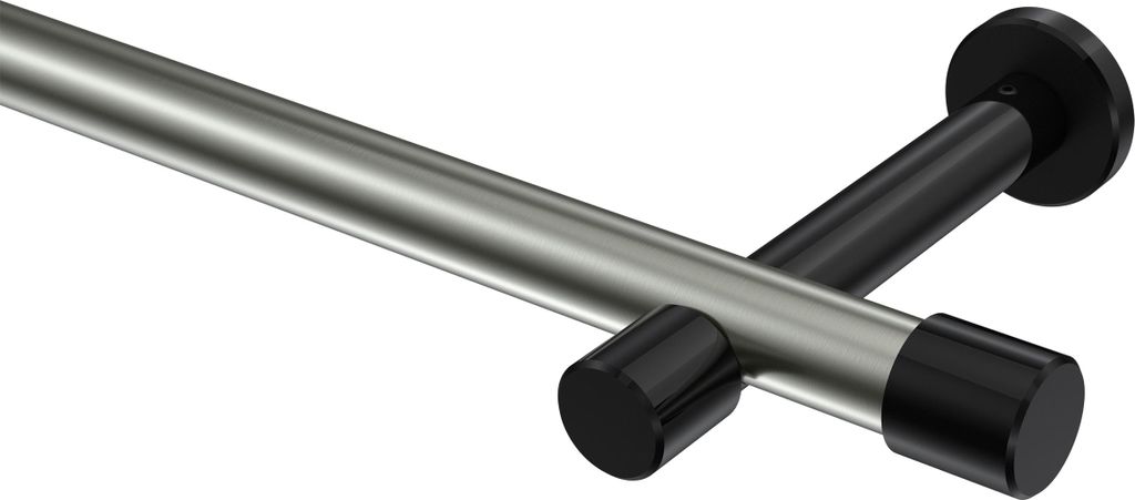 Interdeco Gardinenstange / Vorhangstange Edelstahl-Optik / Schwarz, Typ Prestige Santo (Kappe) ohne Ringe, 20 mm Ø 1-läufig, 280 cm