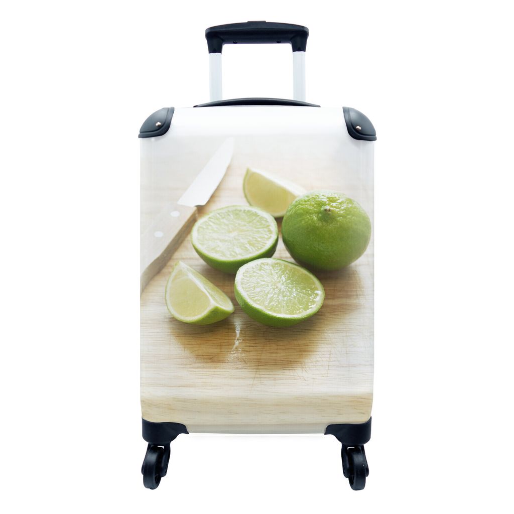 MuchoWow Koffer Handgepäck Trolley Rollkoffer Kleine Reisekoffer mit 4 Rollen - Geschnittene Limetten und Messer auf Holzbrett, Nahaufnahme - Ca...