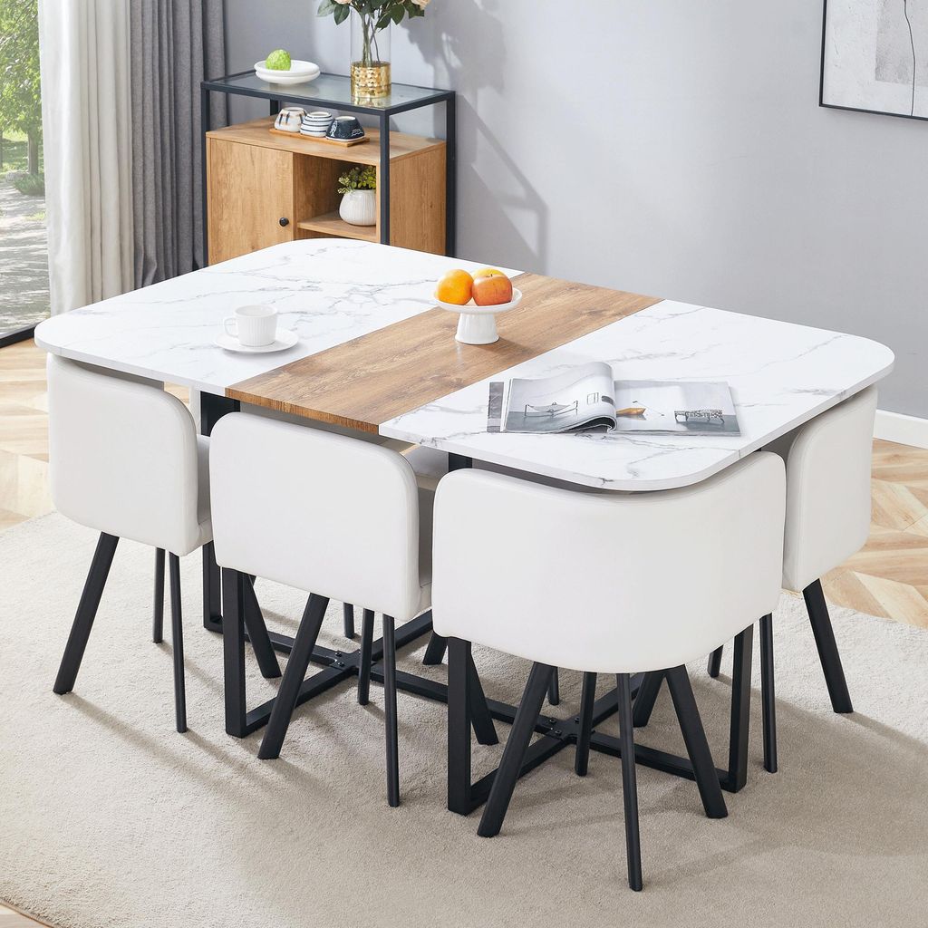 Esstisch-Set Esstischset mit ausziehbarem Tisch und klappbaren Stühlen - weiße Oberfläche + schwarzer Metallrahmen, für 4 bis 6 Personen,150*10...