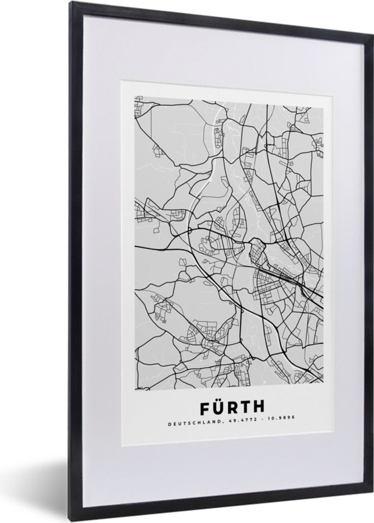 MuchoWow Gerahmtes Poster Deutschland - Karte - Fürth - Stadtplan 40x60 cm - Poster mit Schwarzem Bilderrahmen Wandposter Rahmen Foto Bilder - P...