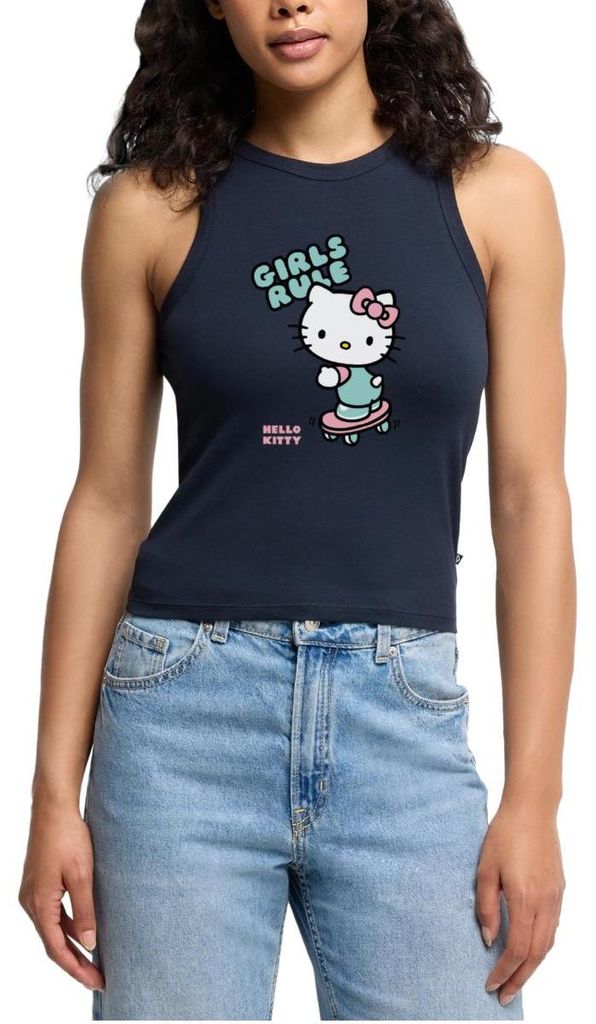Spreadshirt Hello Kitty Auf Skateboard Girls Rule Cropped Frauen Organic Tank Top, L, Navy