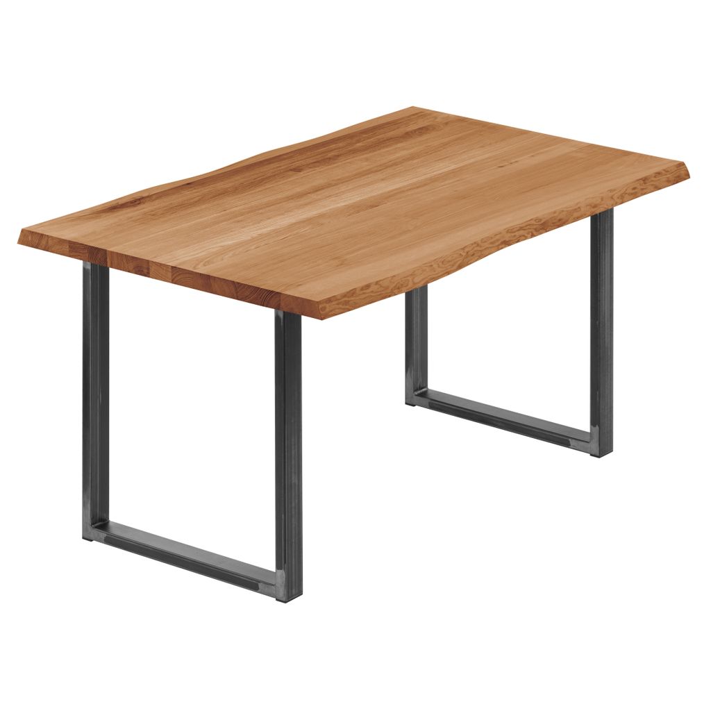 LAMO Manufaktur Esstisch Küchentisch Schreibtisch Couchtisch aus Massivholz, mit Baumkante 120x80x76 cm (AxBxH), Loft, Dunkel / Rohstahl mit Klarl...