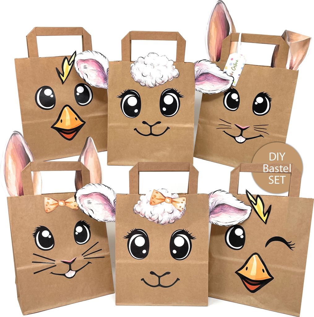 Ostertaschen DIY Set – 6 große Kraftpapier-Tüten mit süßen Tiermotiven – Bastelset für Kinder & Familie – Perfekt als Oster Geschenktüt...