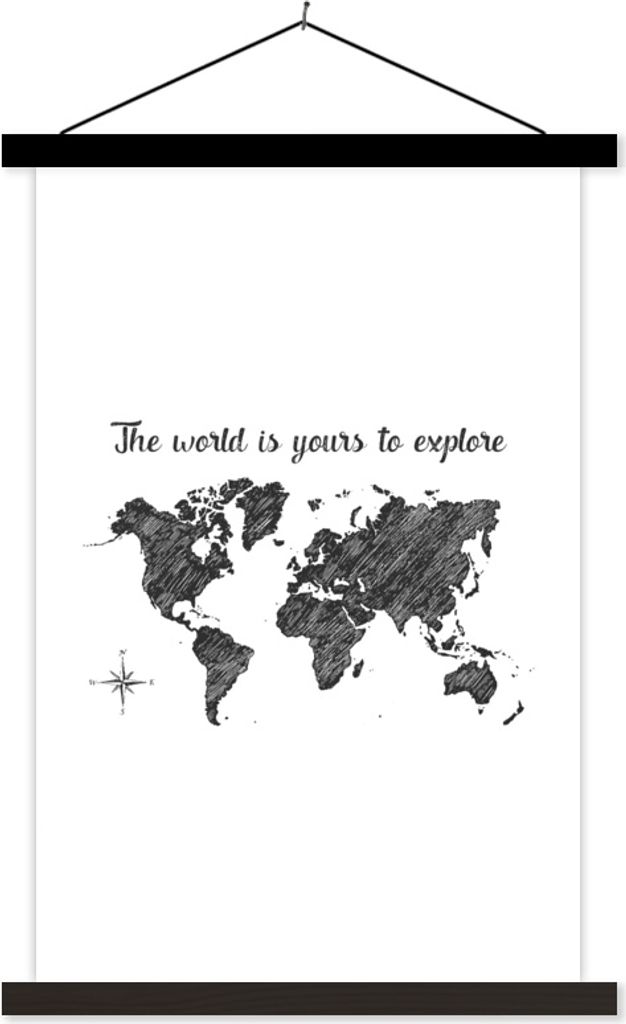 MuchoWow Textilposter Weltkarte - Zitate - Schwarz - Weiß 40x60 cm mit schwarzem Rahmen - Wanddekorationen