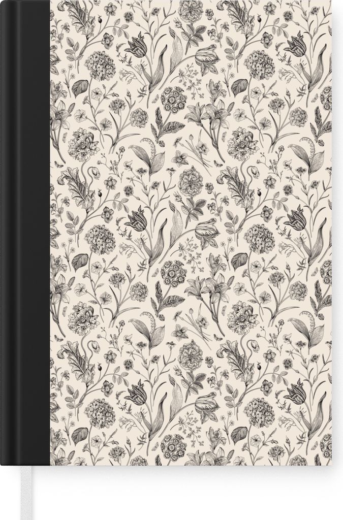MuchoWow Notizbuch Tagebuch Haushaltsbuch Notebook A5 Blumen - Muster - Grau - Notizblock - Notizheft - Notebook - Schreibblock - Papier