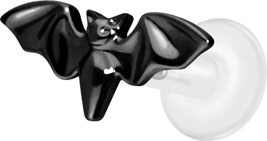 Ohrpiercing, Nasenpiercing PTFE Labret mit Innengewinde + Titan-Aufsatz FLEDERMAUS Schwarz Stablänge: 6mm | Stabstärke: 1,6mm