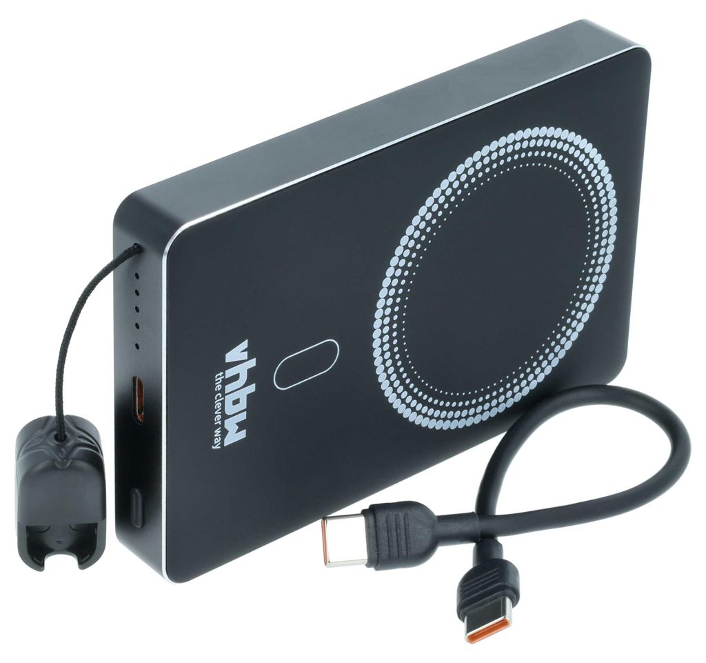 vhbw Powerbank 10000 mAh für schnelles Aufladen für unterwegs - Magnetisch Wireless, USB-C, 20 W, Schwarz