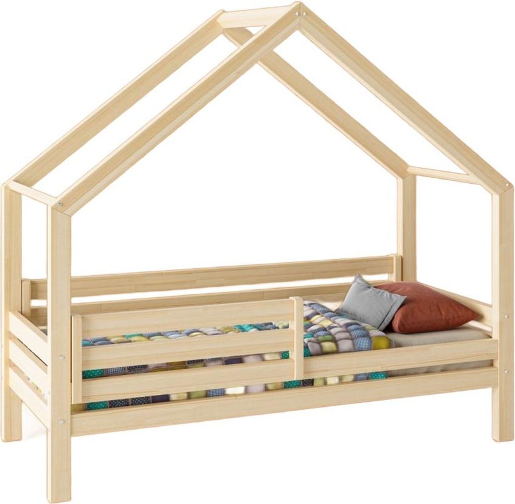 Kinderbett Haus TRANO A | Spielbett aus natürlichem Holz | Stabile Konstruktion ohne Lackierung | 90x180 cm, inklusive Schutzgitter & Lattenrost