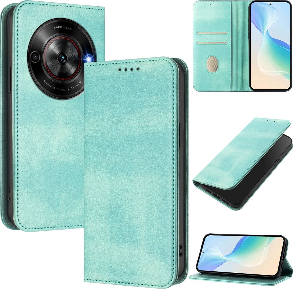 Handyhülle für ZTE Blade A75 5G/Nubia Focus 5G, Vintage Leder RFID Schutz Kartenfach Standfunktion Magnetische Klapphülle Türkis