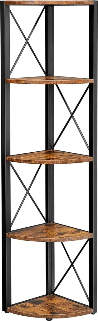 Étagère d'Angle Verticale 5 Étages, Meuble de Rangement Bois et Métal Noir