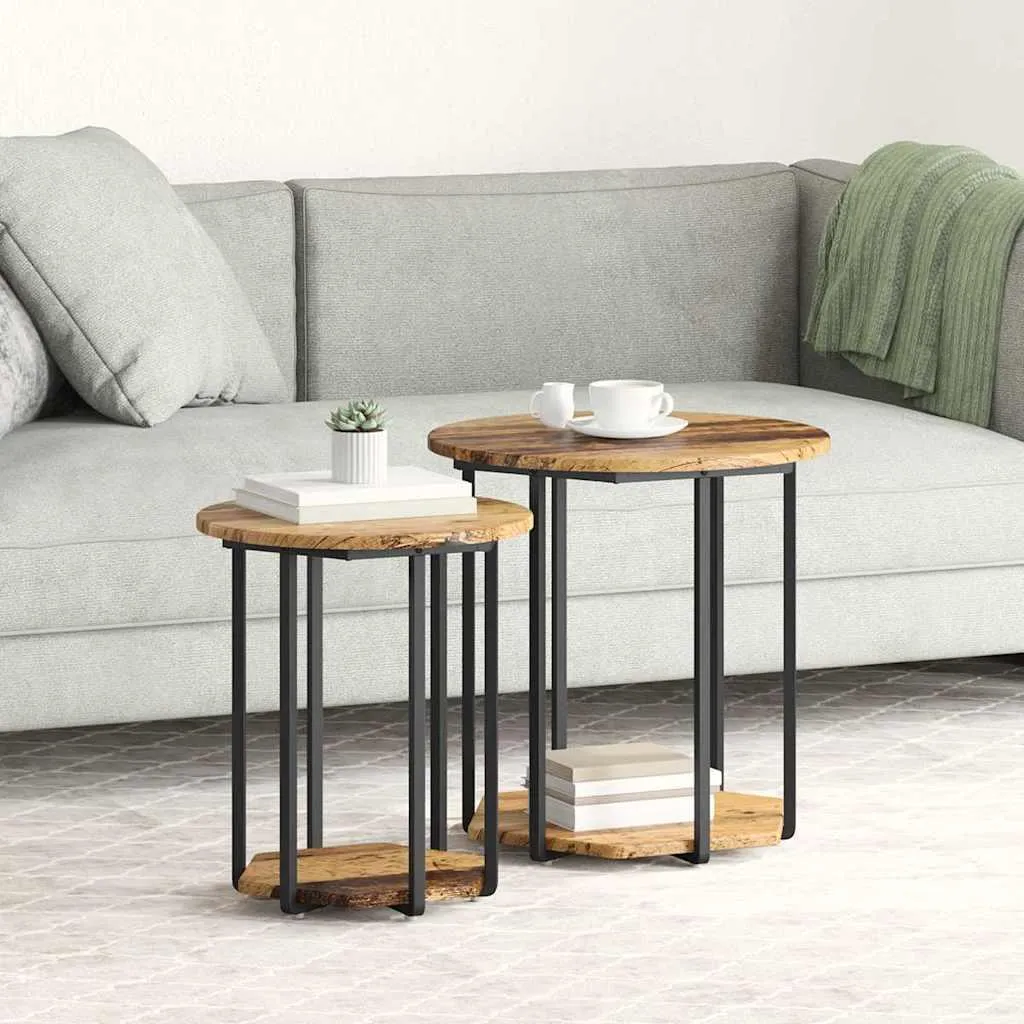 Set Tavolini Industriali Legno Vecchio e Nero: Mobili Design 2 Pezzi
