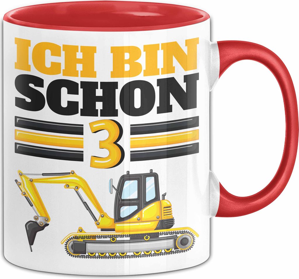 3. Geburtstag Geschenk Tasse Becher Jungs Bagger Ich Bin Schon 3 (Rot)