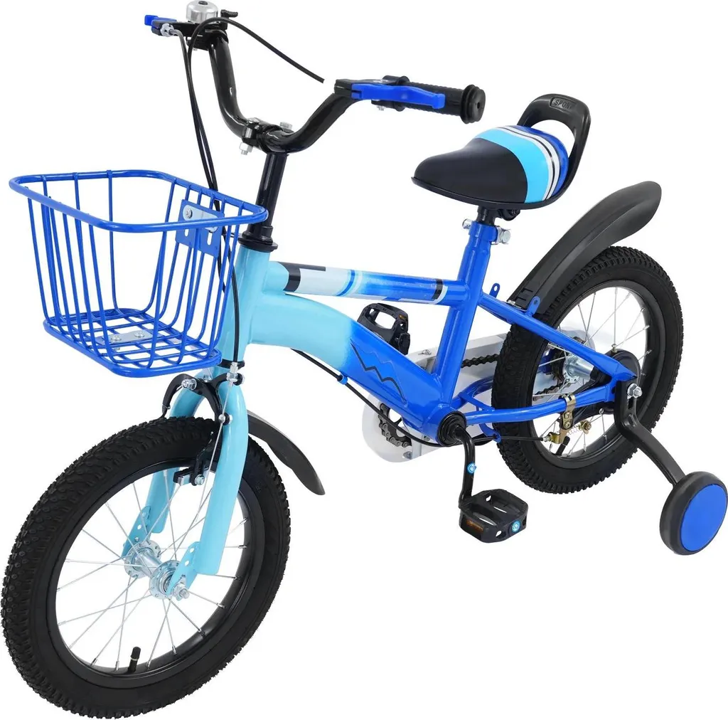 Vélo enfant 14 pouces bleu avec stabilisateurs et cadre en acier robuste