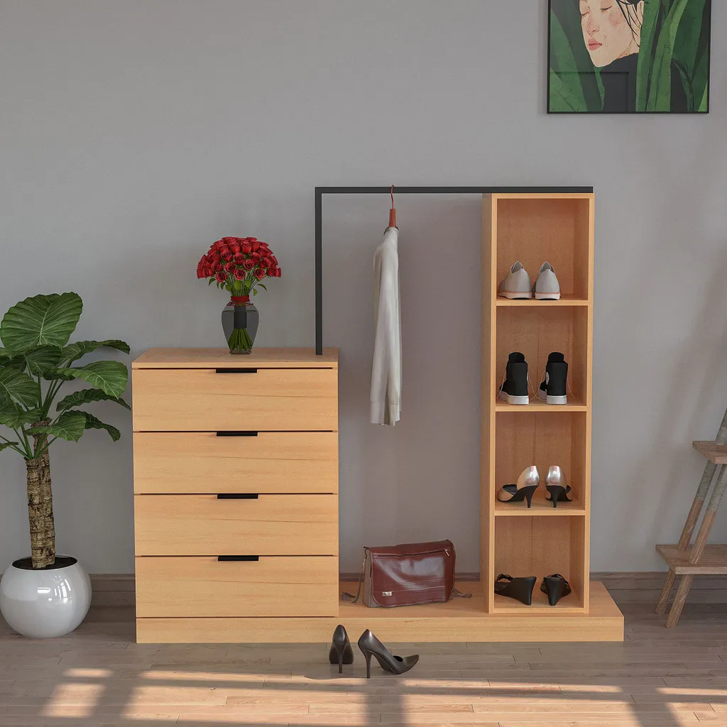 Commode WAOHO 4 tiroirs 4 étagères - Armoire entrée avec tringle métal