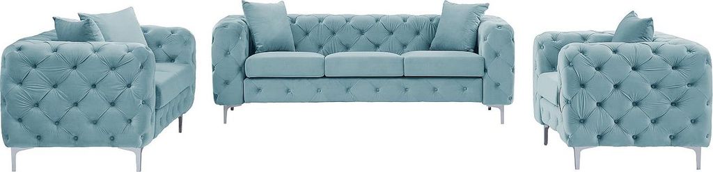 3-Sitzer-Sofa, 2-Sitzer-Sofa und Chesterfield-Sessel aus hellblauem Velours - EDWINA