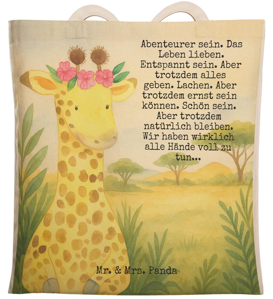Mr. & Mrs. Panda Beutel Giraffe Blumenkranz Design - Weiß - Geschenk, Abenteurer, Tote Bag, Freundin, Große Einkaufstasche, Selbstliebe, Tasche, ...