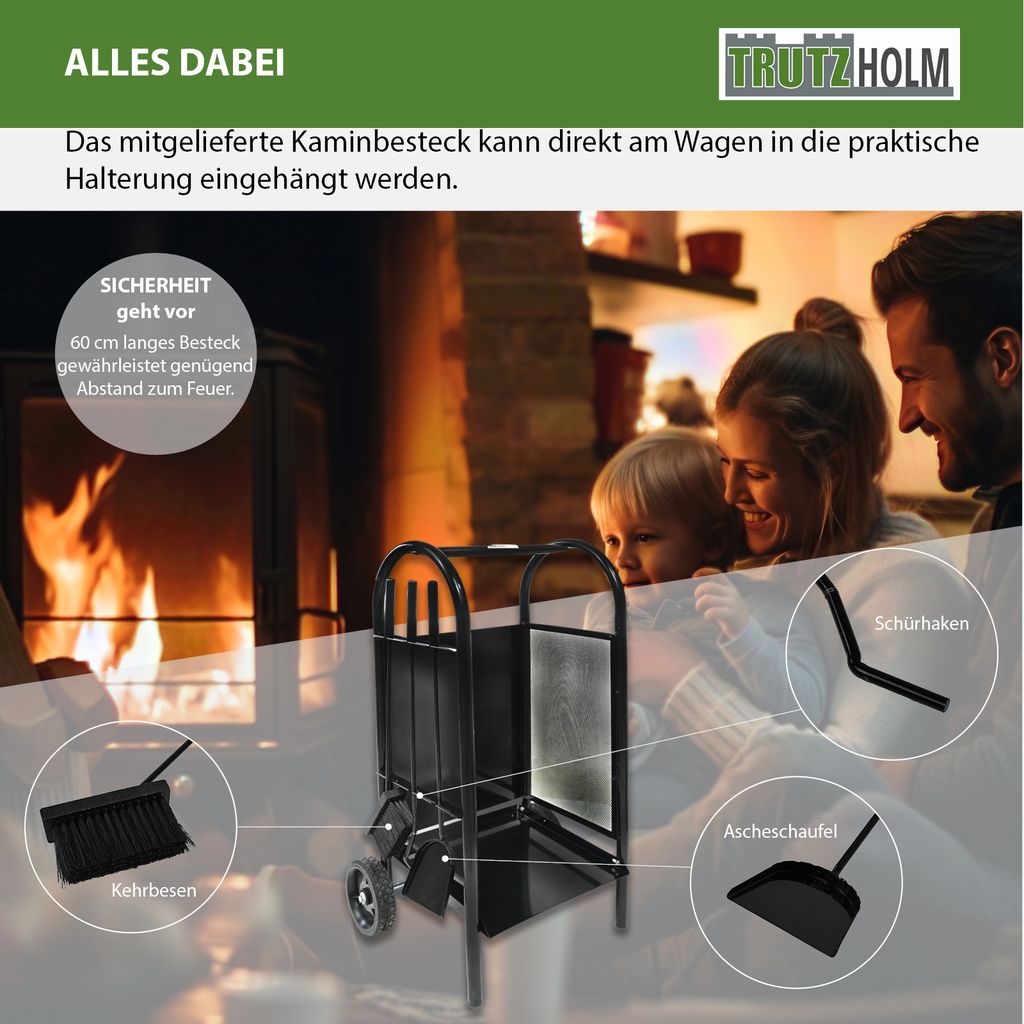 Kaminholzwagen mit Kaminbesteck 3-teilig Schaufel, Besen, Produktbild 4