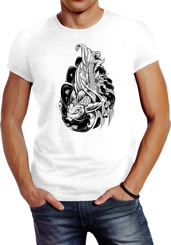 Herren T-Shirt Koi Fisch Japan Japenese Slim Fit Baumwolle Neverless weiß XS