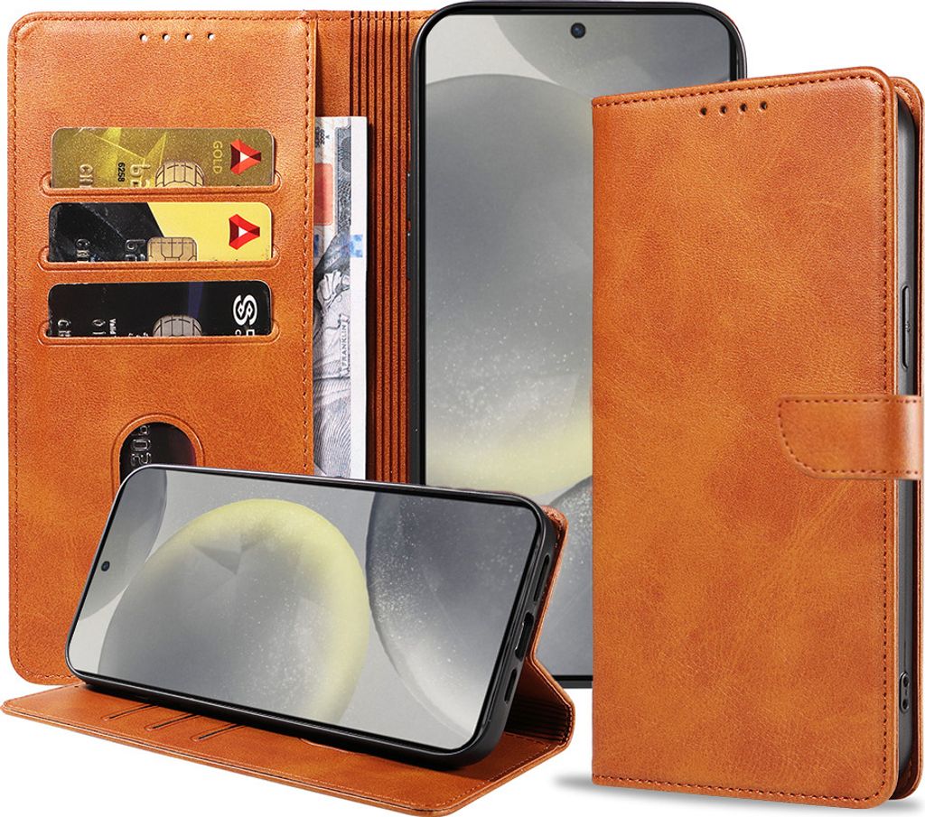 Passend für Samsung Galaxy S24 Handytasche Kunstleder mit magnetischer Lippe und Kartenhalter Buchhülle mit Klappe - Braun - Smartphonics