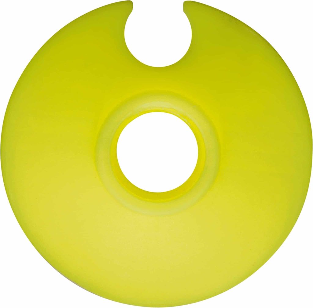A single yellow ski pole basket is shown against a white background.