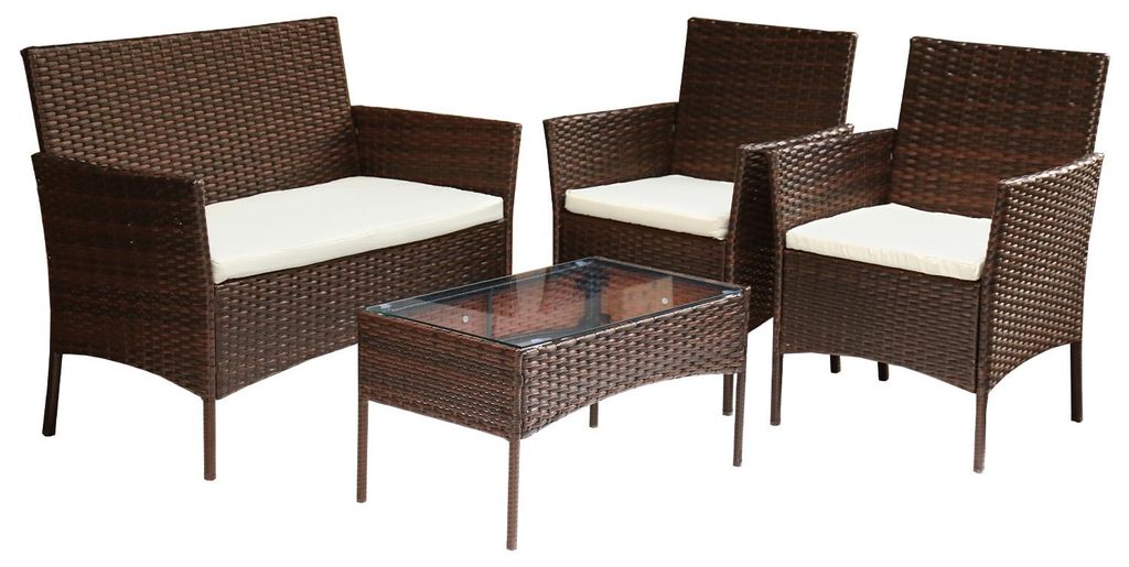 Vigevee Polyrattan Gartenmöbel Set 4-teilig Braun mit Sofa, 2 Sesseln, Glastisch und waschbaren Kissenbezügen