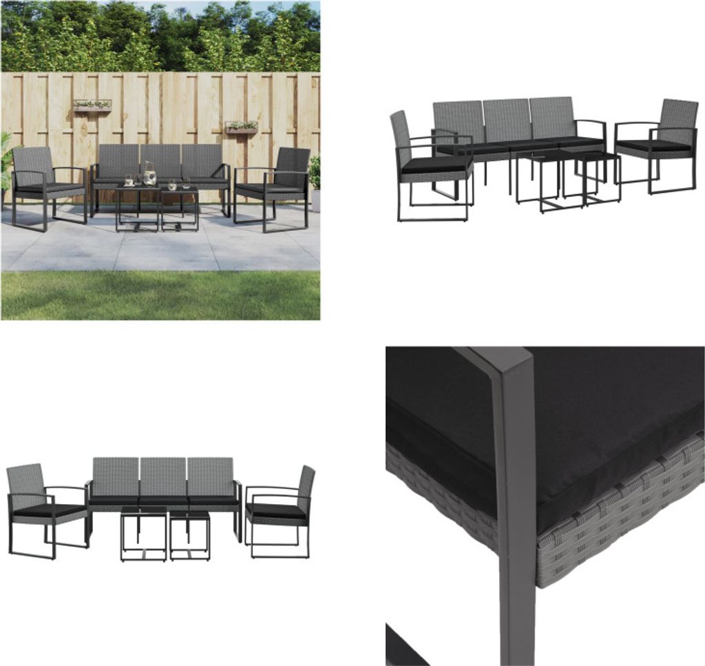 A collage of images showing a dark gray rattan garden dining set with cushions, including a sofa, chairs, and tables, in different settings and close-ups.
