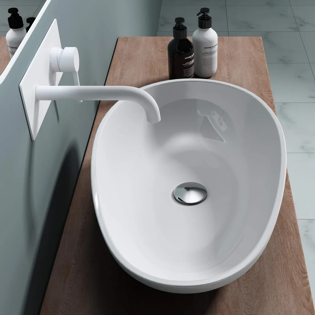 Lavabo Da Appoggio Colossium820 In Minerale Fuso - Bianco, Design Moderno, Resistente E Facile Da Pulire, Per Bagno