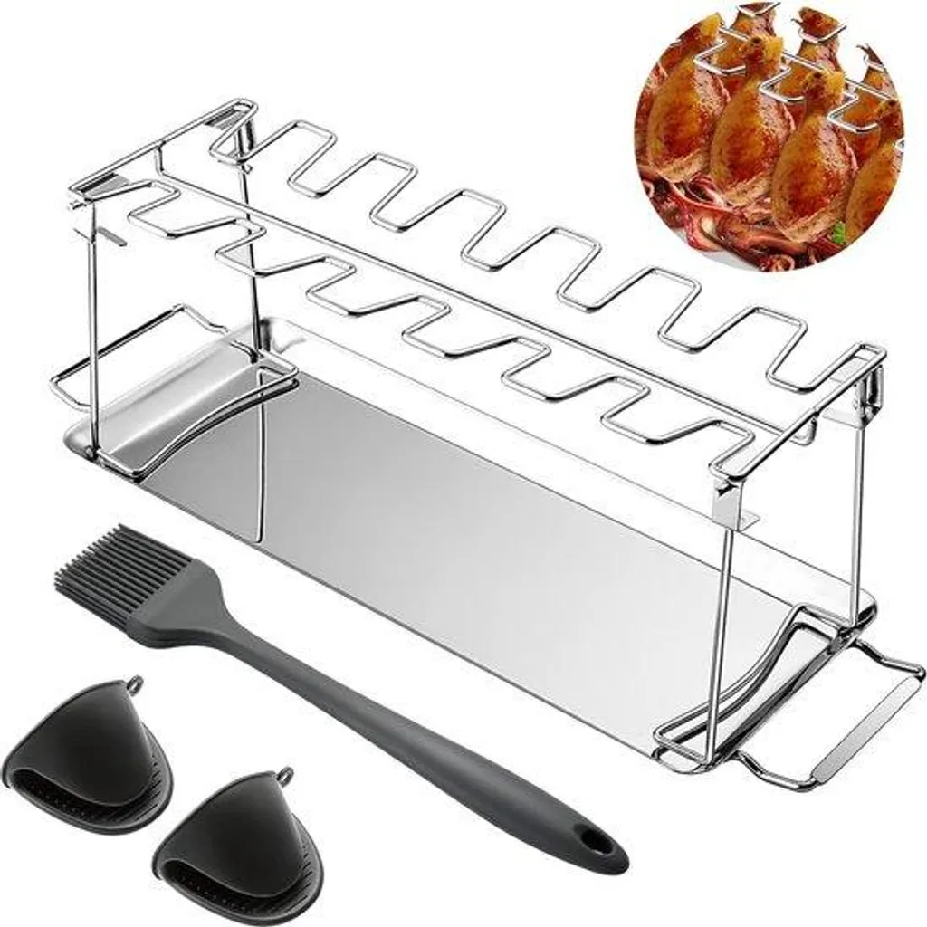 Support Poulet Inox 14 Emplacements pliable Kit complet avec Gants BBQ