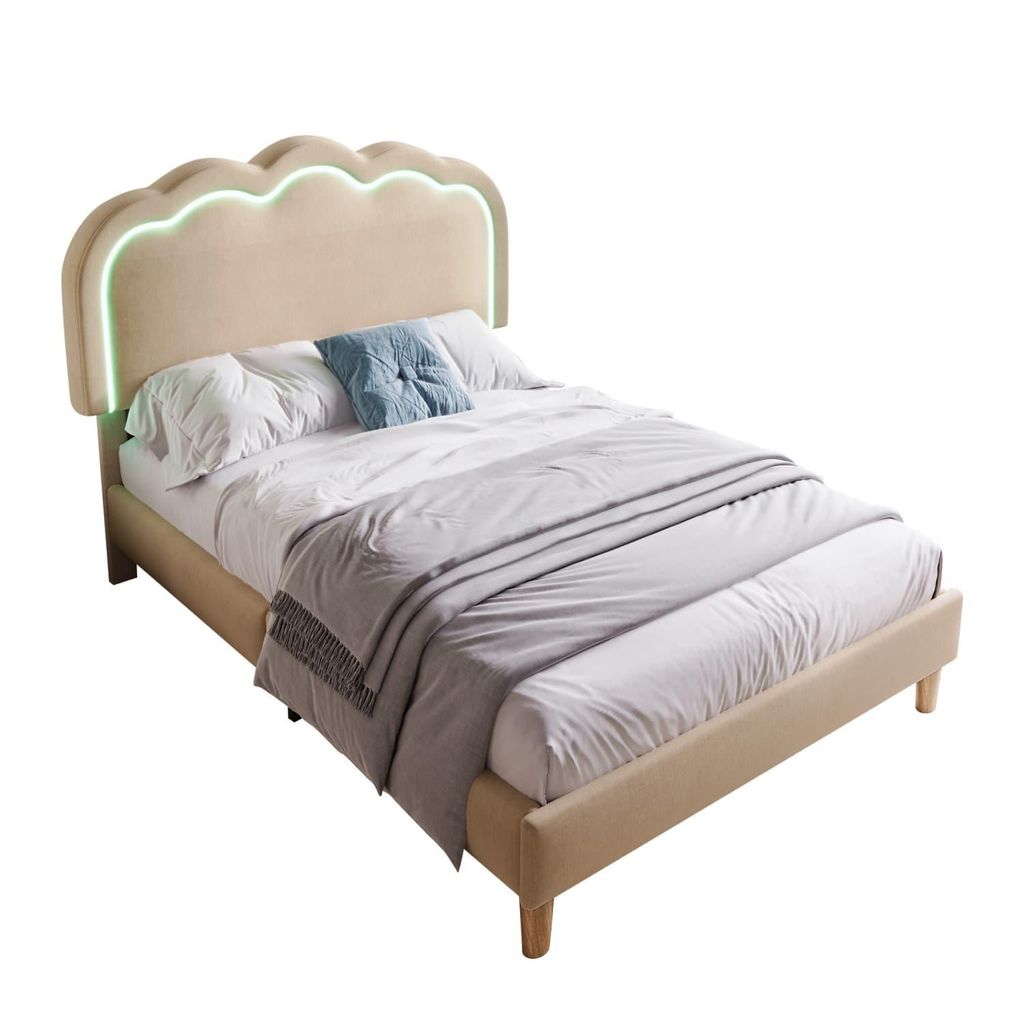 Polsterbett LED Einzelbett,Bettgestell mit Lattenrost und Verstellbares Kopfteil,Kinderbett,Bettrahmen Jugendbett für Schlafzimmer Gästezimmer-Samt