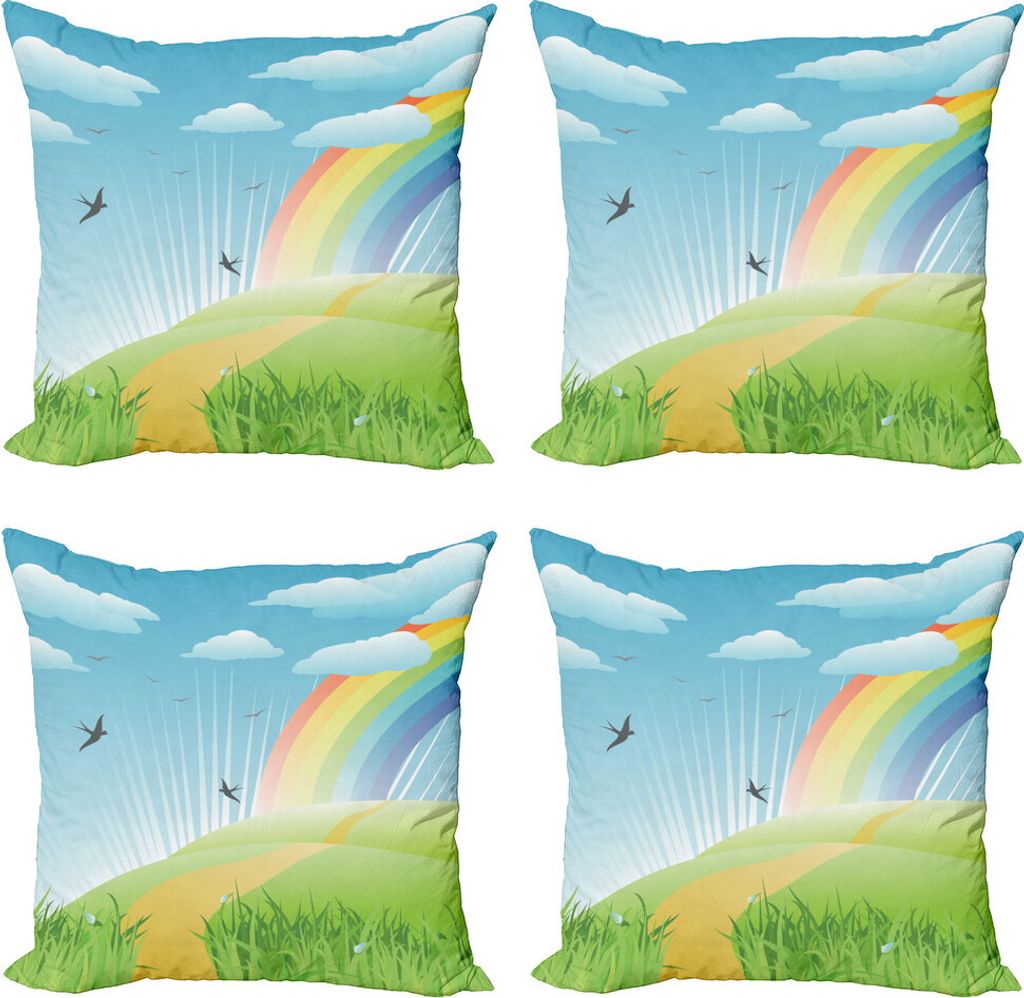 ABAKUHAUS Gras Kissenbezug Set (4 Stück), Vögel und Regenbogen-Streifen, Moderner Doppelseitiger Digitaldruck, 50 cm x 50 cm, Mehrfarbig