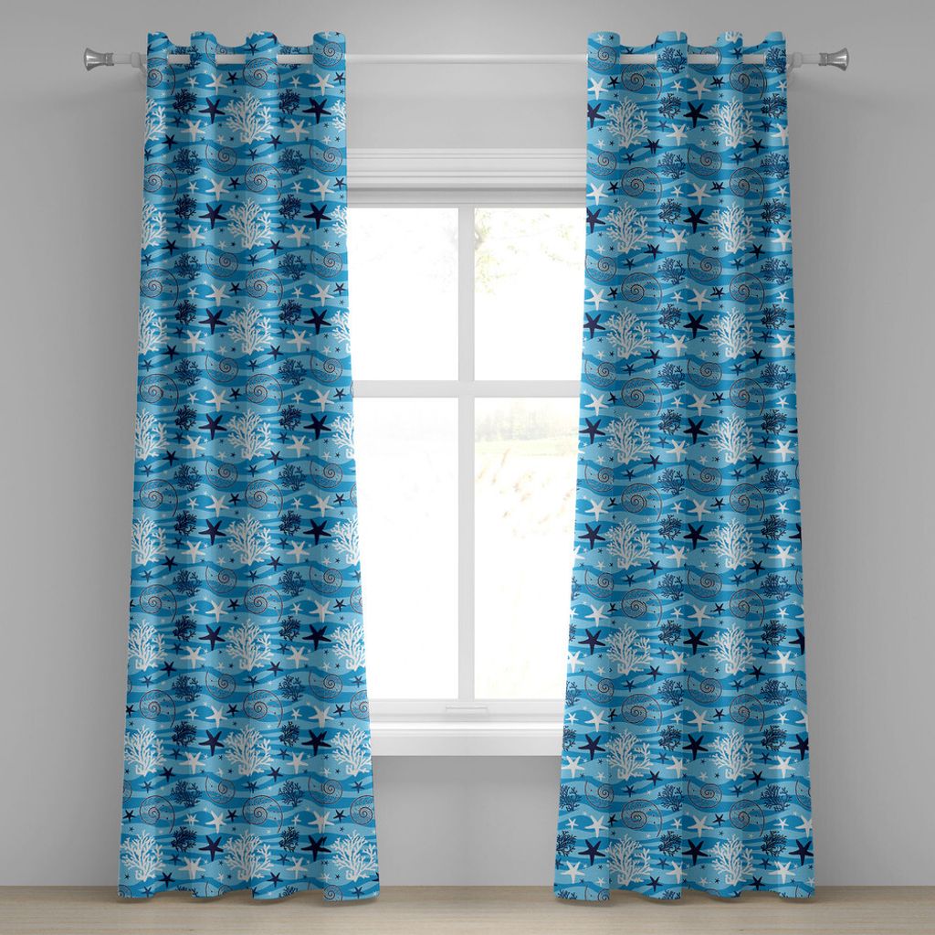 ABAKUHAUS Sea Shells Ösenvorhang, Abstrakte horizontale gewellte Linien mit Starfish-Schattenbildern und Kamm-Muscheln, Dekorative 2-Panel-Fenster...