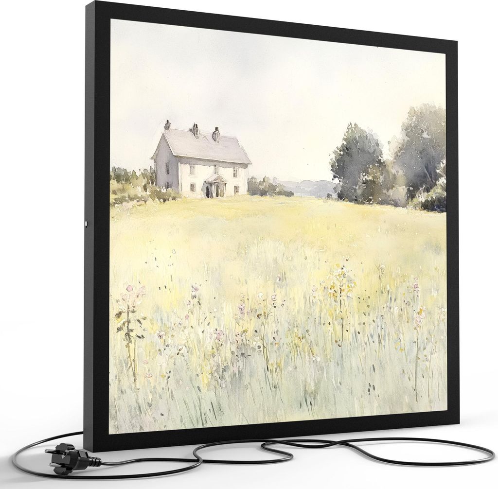 DEQORI LED-Bild & Lampe 60x60 cm Schwarz 'Landhaus in Morgensonne' Leuchtbild LED Leuchte