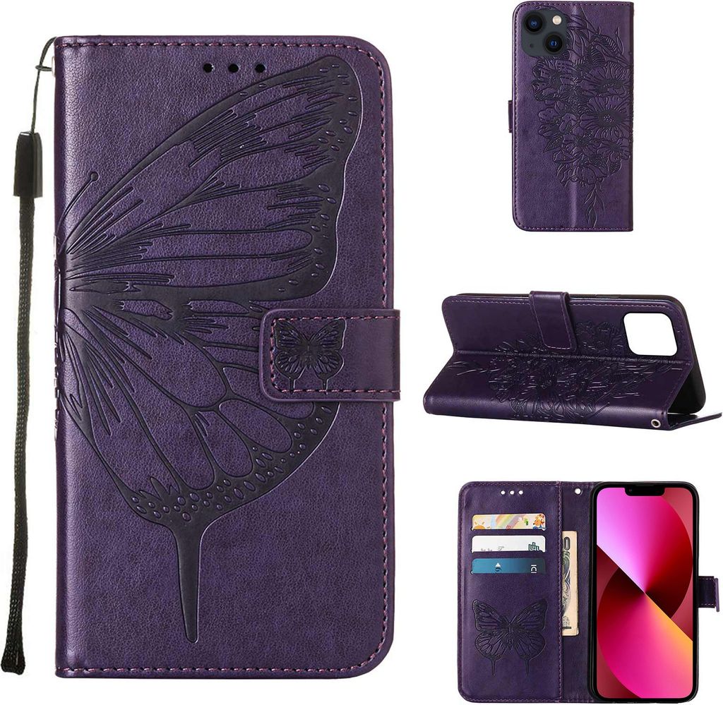 iPhone 13 Hülle, Schmetterling Prägung Flip Leder Kartenfächer Schutzhülle Ledertasche mit Ständer für iPhone 13 Lila