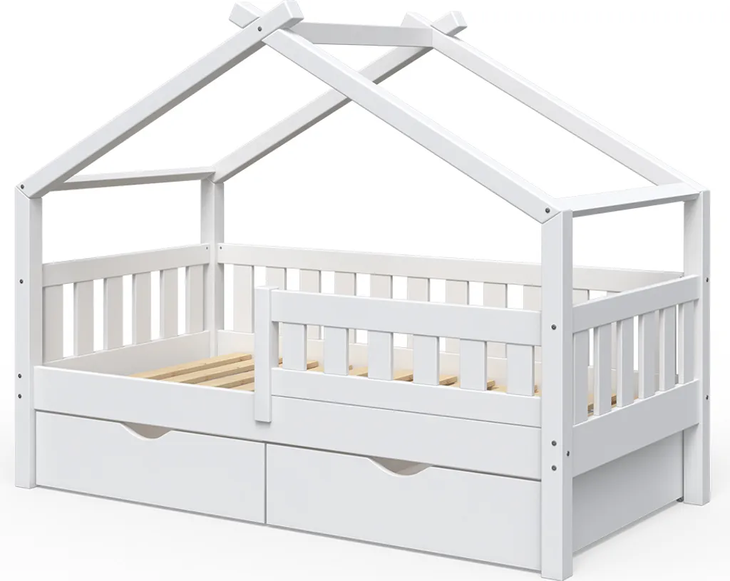 Lit cabane Vitalispa 80x160 cm blanc : fini le désordre avec 2 tiroirs
