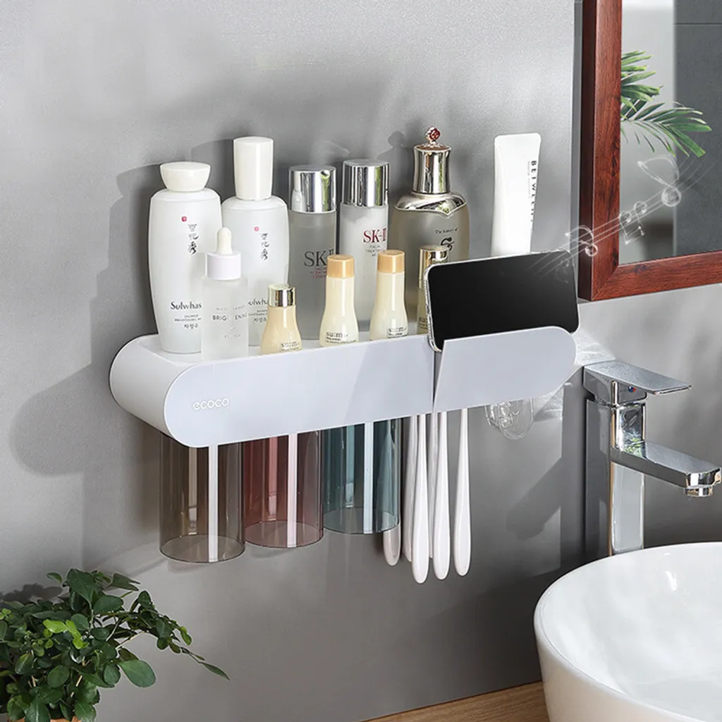 Rangement brosse à dents familial gris avec 3 verres pour salle de bain
