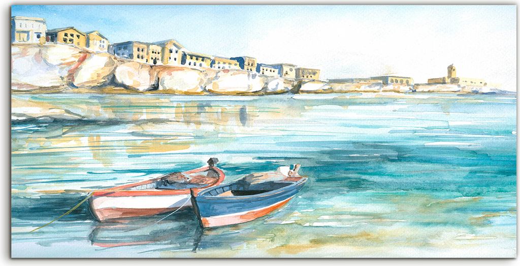 Coloray Acrylbild 140x70 Wandbild Acrylbilder Ufer Boot in der Bucht Aquarell bemalt