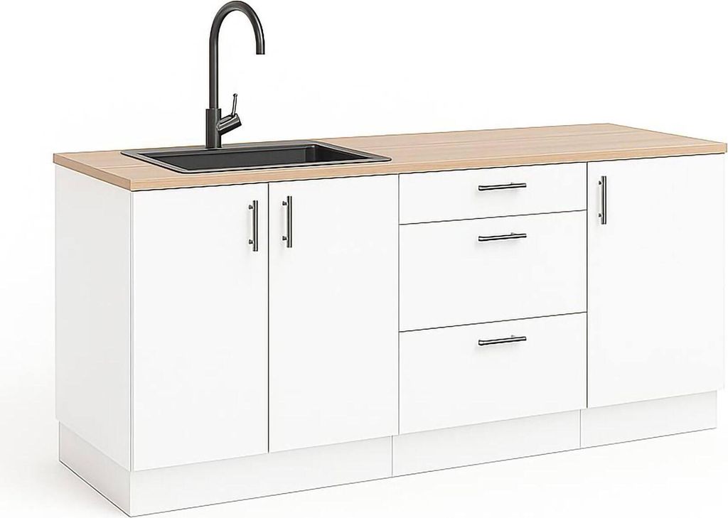 Komplette Küche Lipomo, Moderne Küchenkomposition, Modular Set für Küche, Funktionelle Küchenlösung, Weiß und Eiche