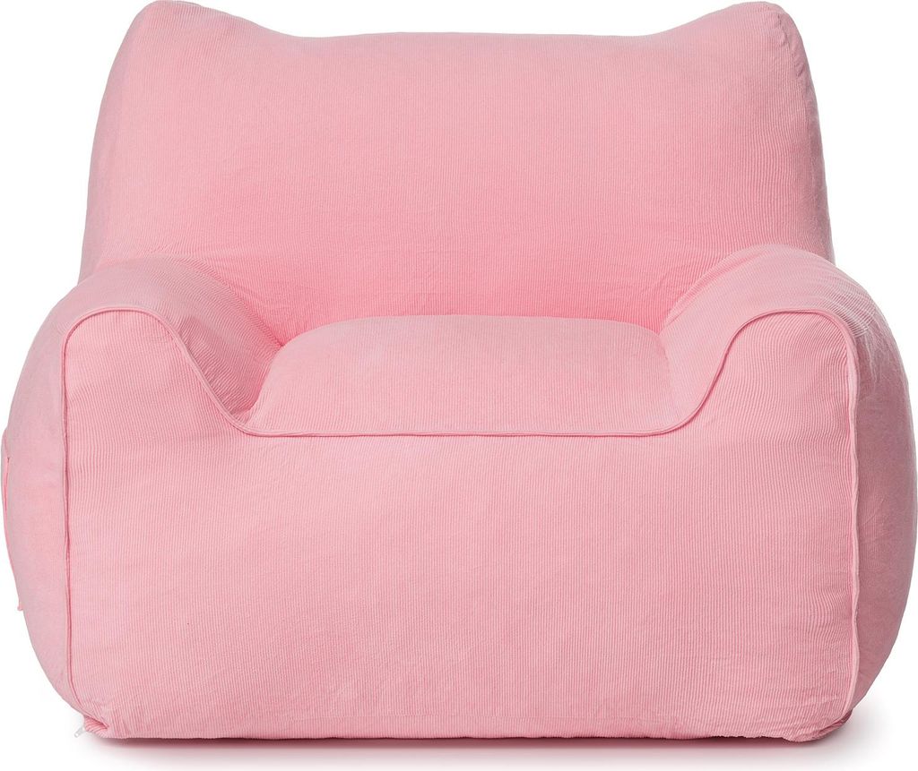 A pink beanbag chair with cat ears.