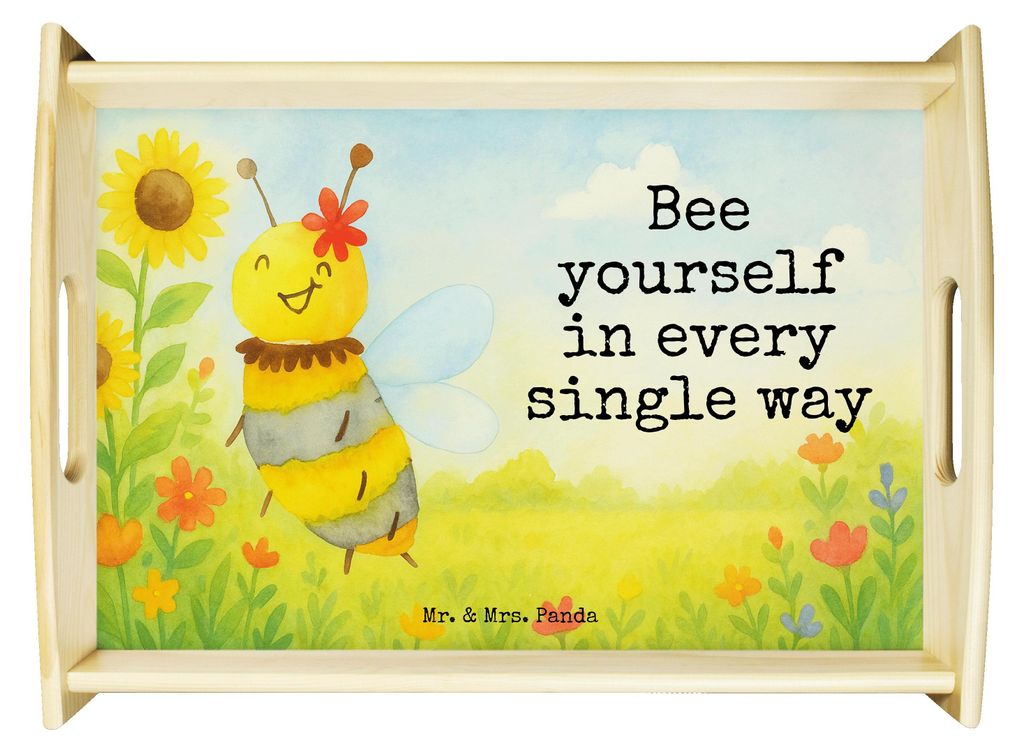 Mr. & Mrs. Panda Tablett Biene Blume Design - Weiß - Geschenk, für bett, Sofa, Holztablett, aus holz, Wespe, sofatablett