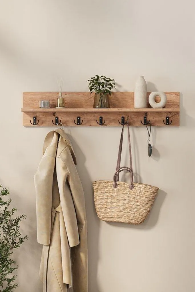 Portemanteau mural avec étagère 106 cm en aspect pin et métal noir - 2