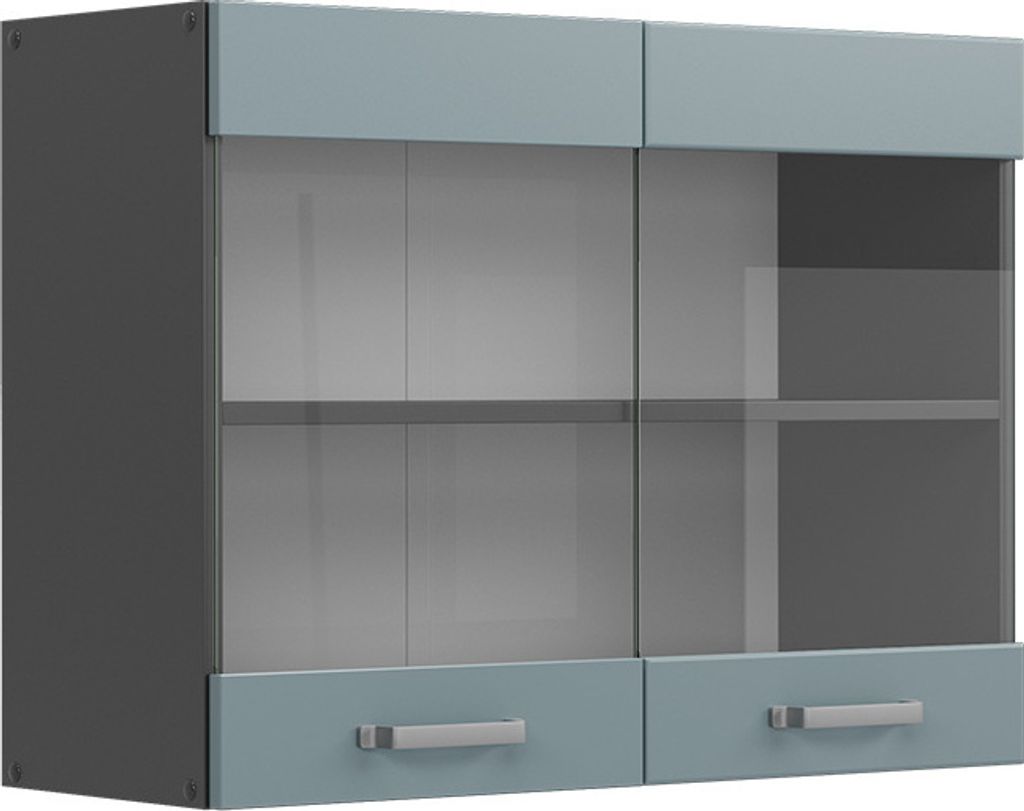 A modern wall cabinet with glass doors and drawers.