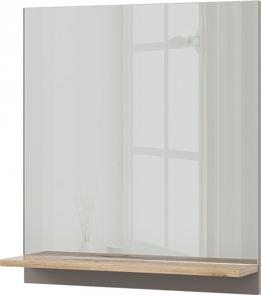 A mirror with a shelf attached, reflecting a window and curtains.