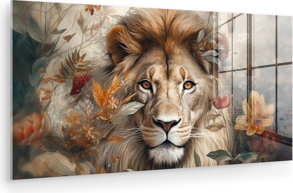 MuchoWow Glasbilder - Bilder auf Wandbild - Foto auf Glas Löwe - Wildtiere - Pflanzen - Natur - Blumen 120x60 cm Wanddekoration aus Glas - Acrylgl...