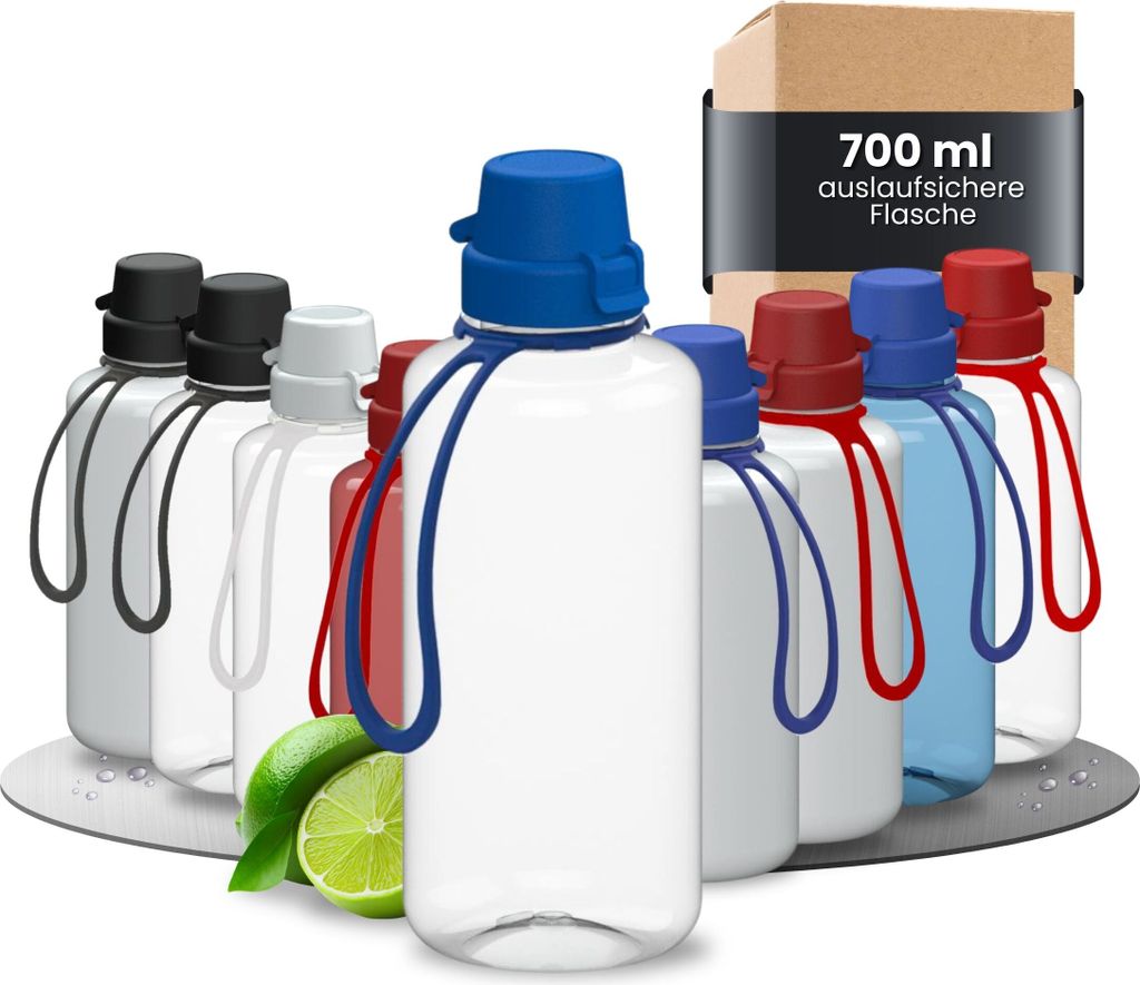 Trinkflasche Kinder 'School' 700 ml - bruchsichere Tritan Wasserflasche inkl. Strap - BPA-frei, auslaufsicher, spülmaschinenfest - transparent/blau