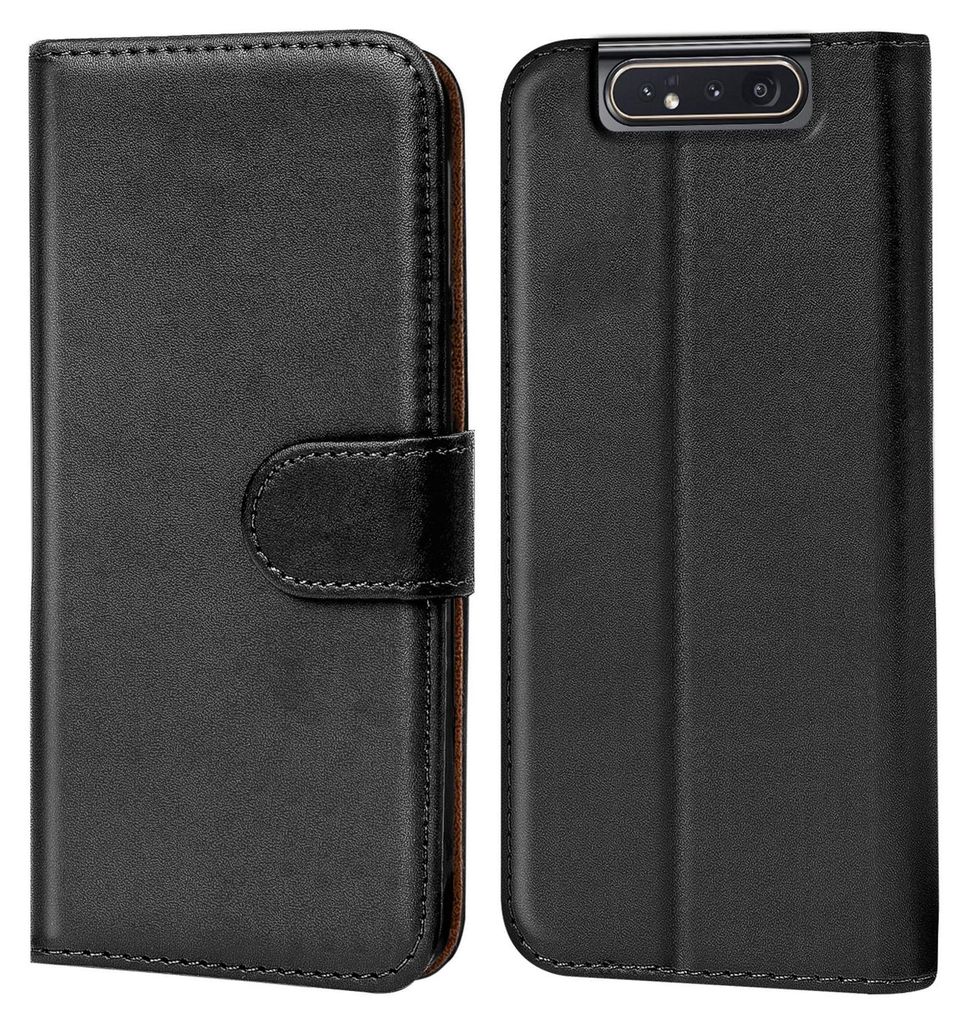 A black flip case for a smartphone is shown from the front and back.