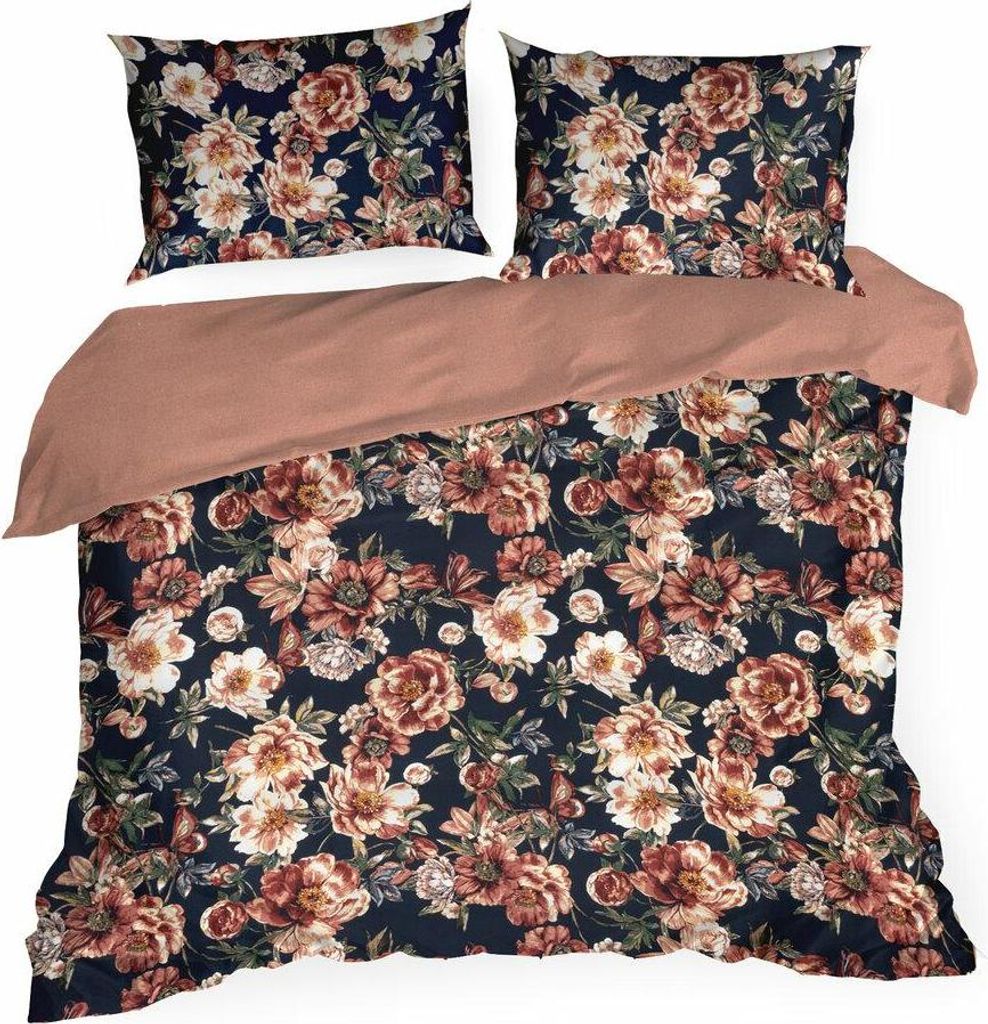 EUROFIRANY | Bettwäsche - Deckenbezug - 220 x 200 cm - Dunkelblau Braun - Blumenmuster - Kissenbezug - Baumwolle