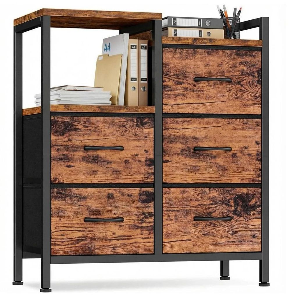 Kommode - Aufbewahrungseinheit - 5 Stoffschubladen - Offenes Regal - Metallrahmen, Holzplatte - 63×29×75 cm - Braun