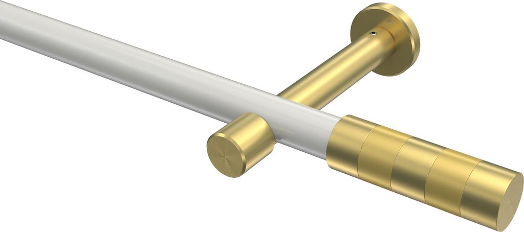 Interdeco Gardinenstange / Vorhangstange Weiß / Messing-Optik, Typ Prestige Mavell (Zylinder) ohne Ringe, 20 mm Ø 1-läufig, 420 cm