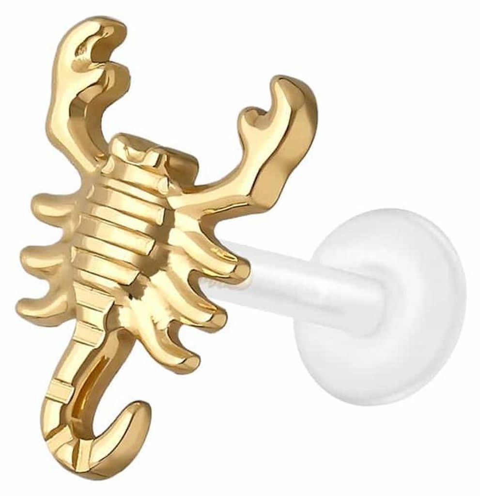 Ohrpiercing, Nasenpiercing PTFE Labret mit Innengewinde + Titan-Aufsatz SKORPION Gold Stablänge: 9mm | Stabstärke: 1,2mm