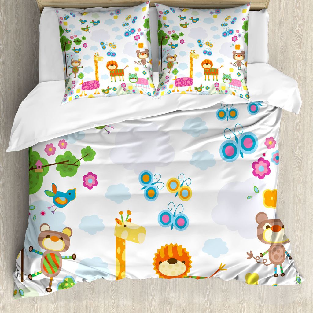 ABAKUHAUS Kindergarten Bettbezug, Floral Funny Animals, Milbensicher Allergiker geeignet mit Kissenbezügen, 155 cm x 220 cm - 80 x 80 cm, Mehrfarbig